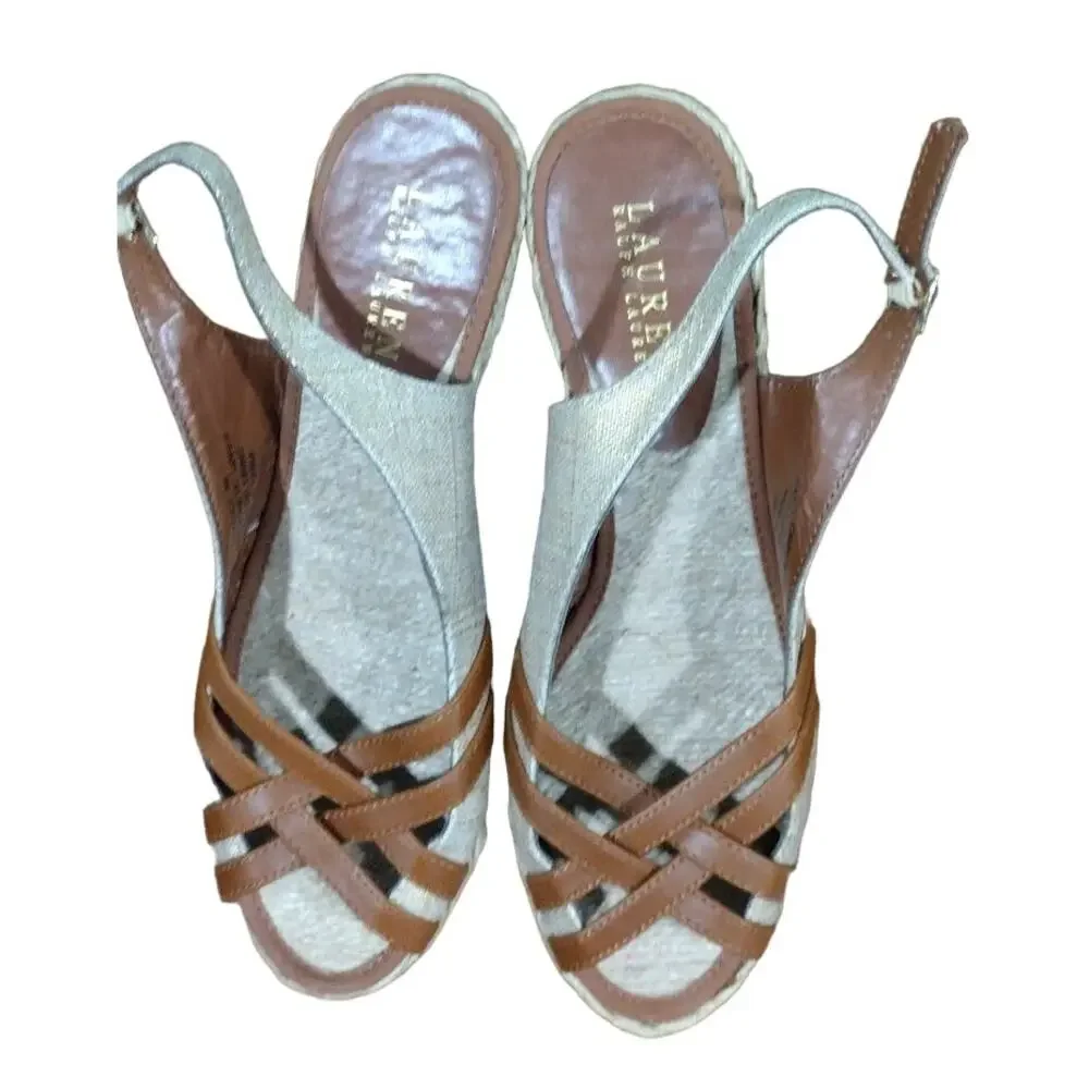 Lauren Ralph Lauren Espadrille‎ Sandals with Wedge Heels, Brown, Tan, Gold, Sz 9